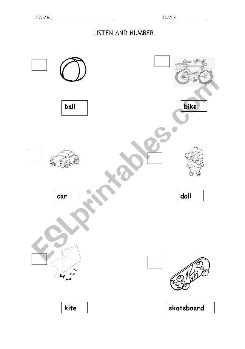 Listen and number (toys) worksheet