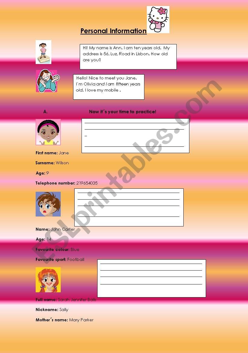 Personal information- consolidation exercises for elementary students