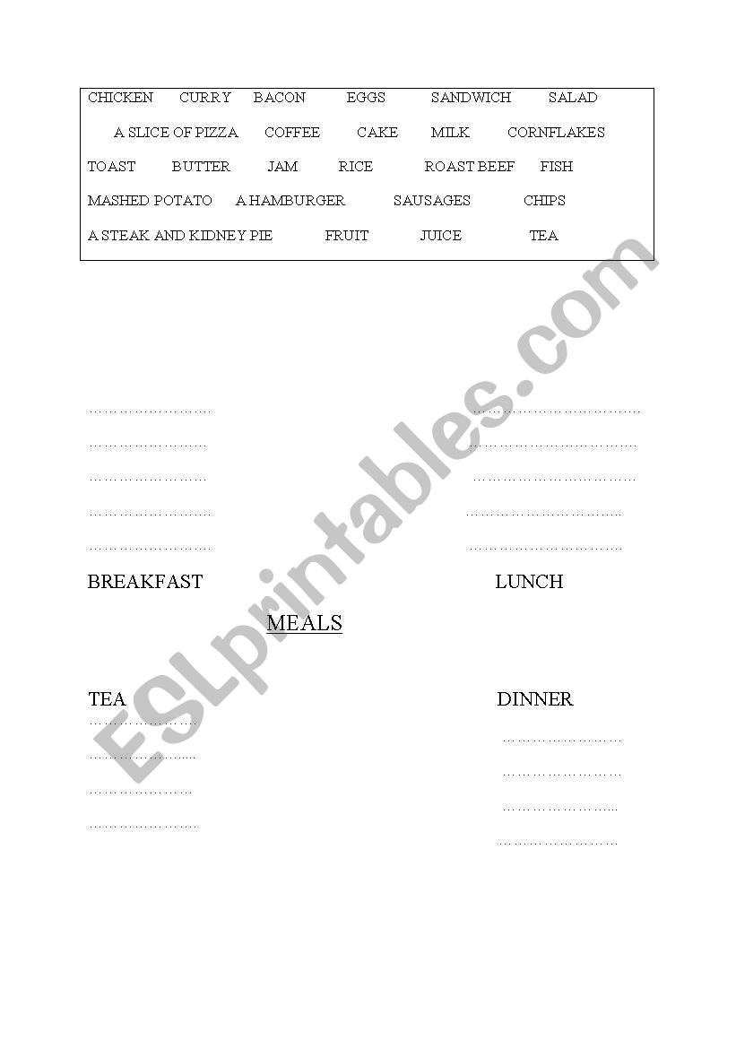 food worksheet