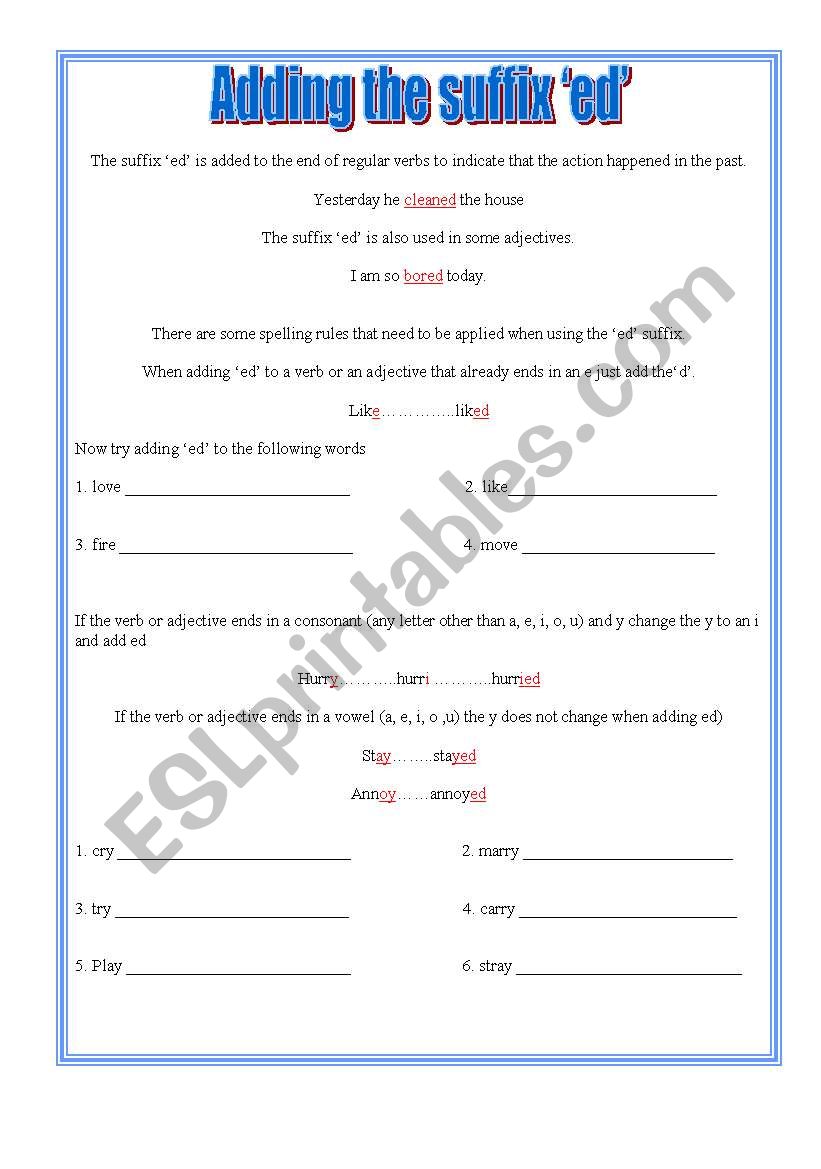 Adding the ed suffix worksheet
