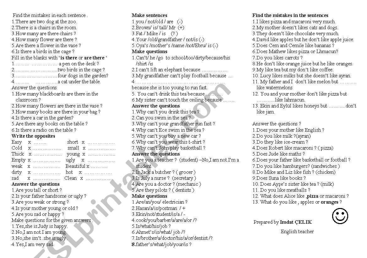 like and dislike worksheet