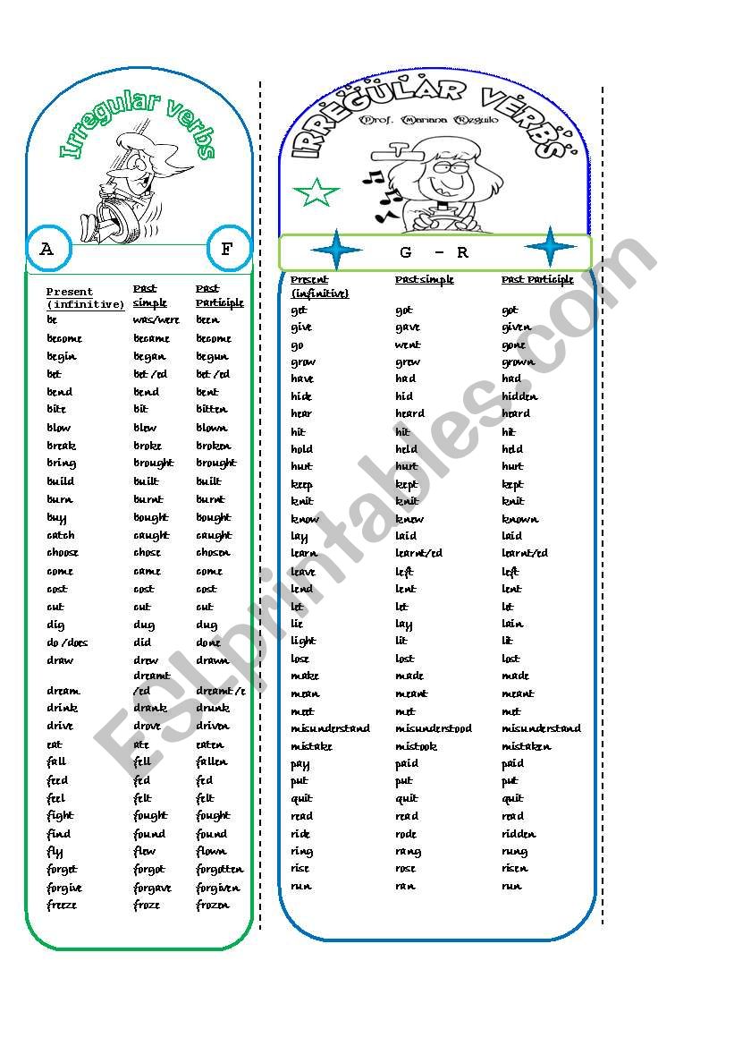 Irregular verbs bookmarks to go with this printable...http://www.eslprintables.com/printable.asp?id=328443#thetop
