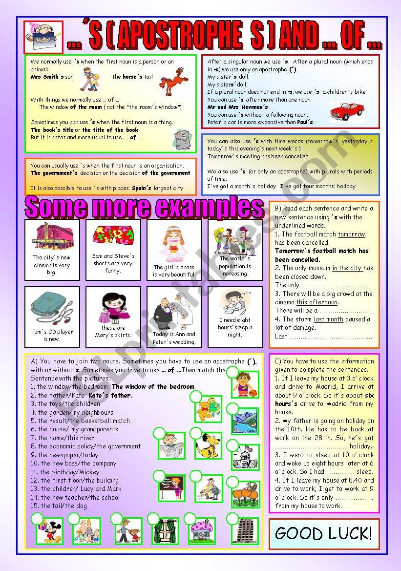 ´S (APOSTROPHE S) AND ...OF... - ESL worksheet by peitieiros