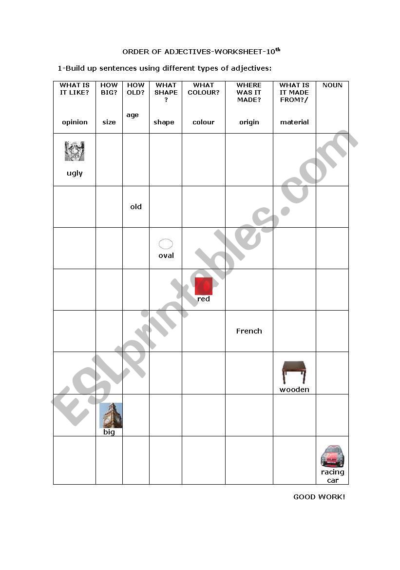 Order of Adjectives worksheet