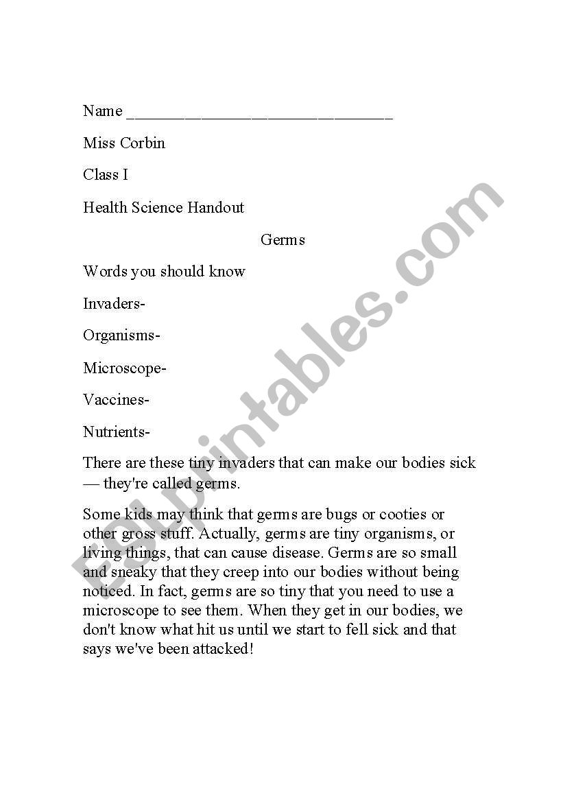 Germs worksheet