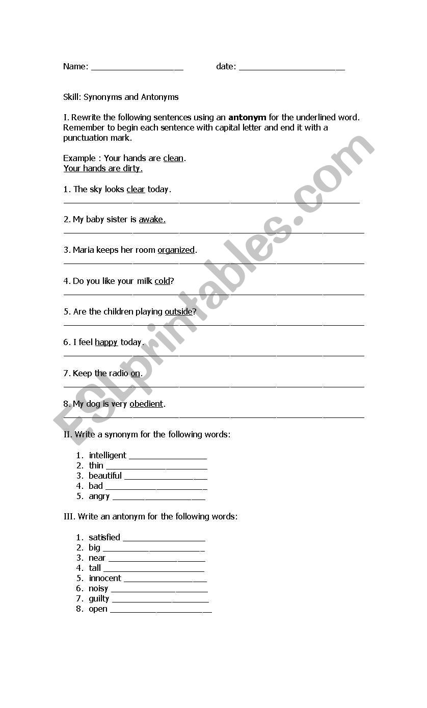Antonyms and Synonyms Worksheet