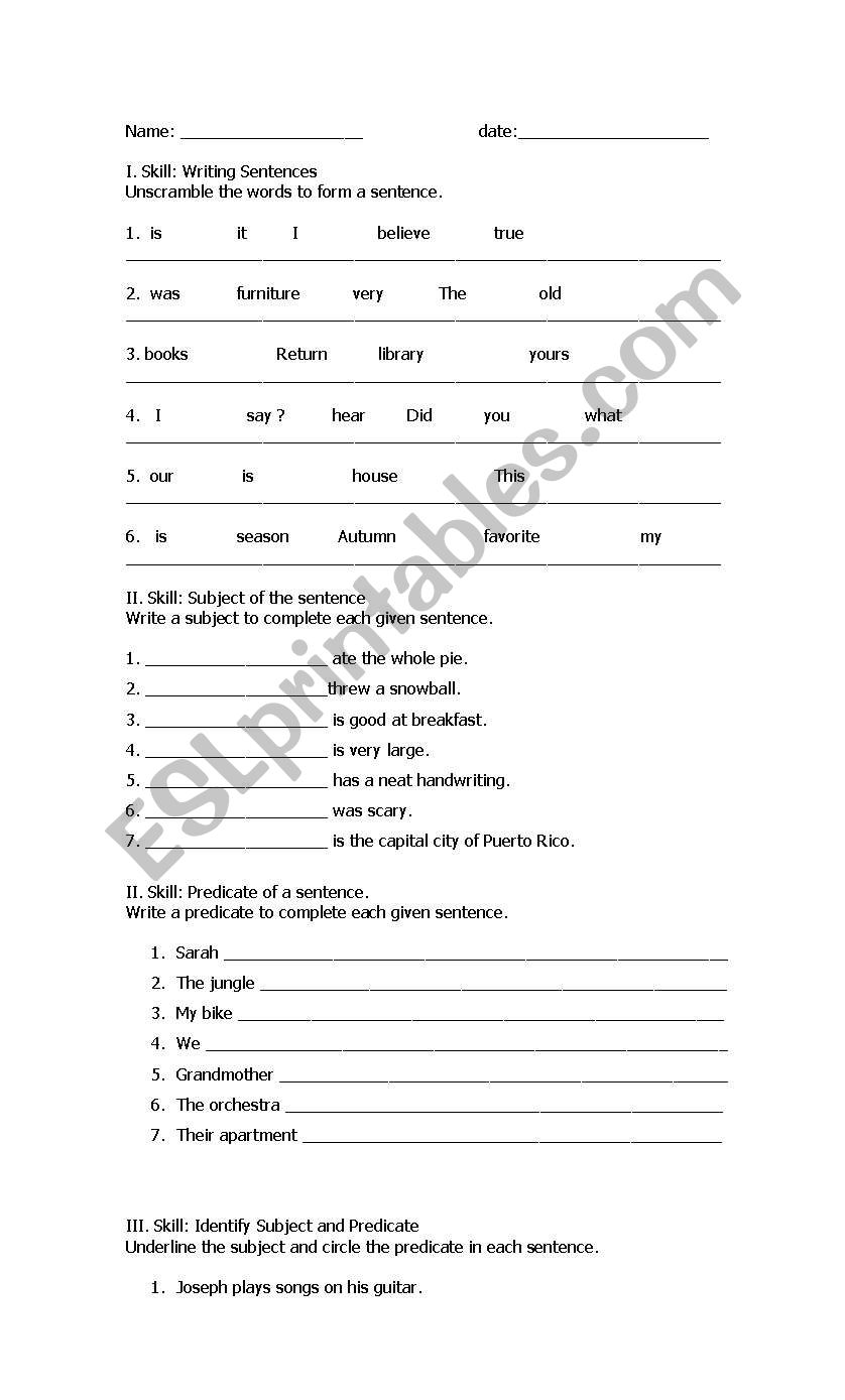 English worksheets: Subject and Predicate