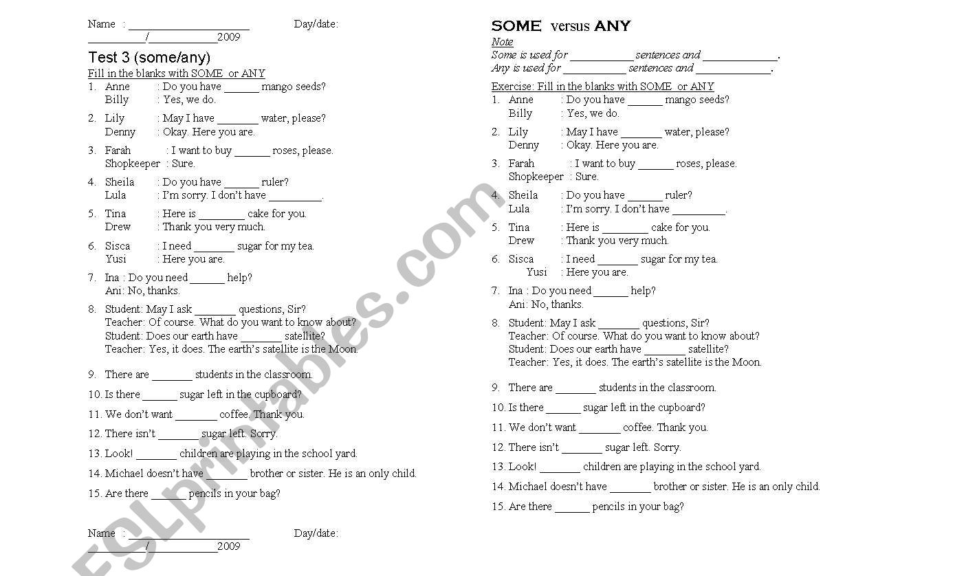 SOME or ANY Exercise worksheet