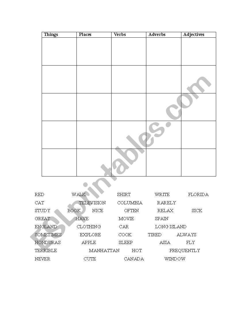 Parts of Speech BINGO worksheet