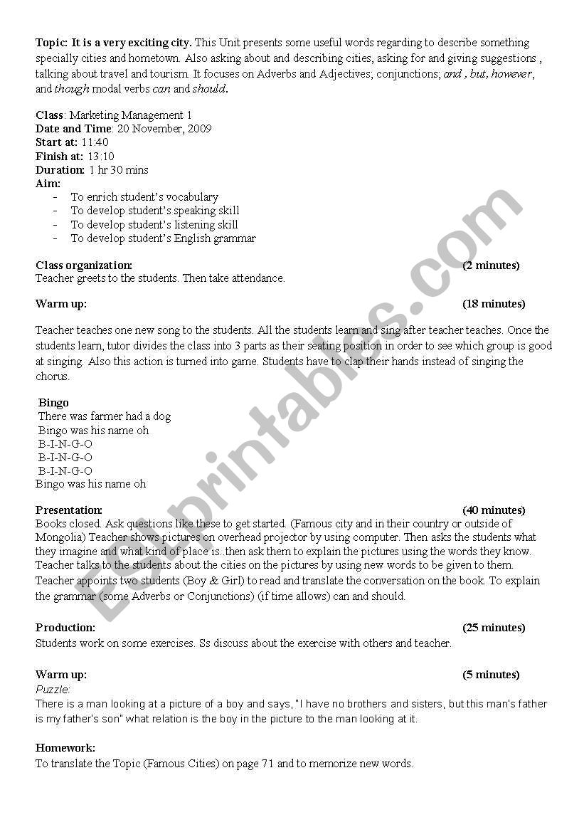 Lesson plan for New interchange 1 unit 11