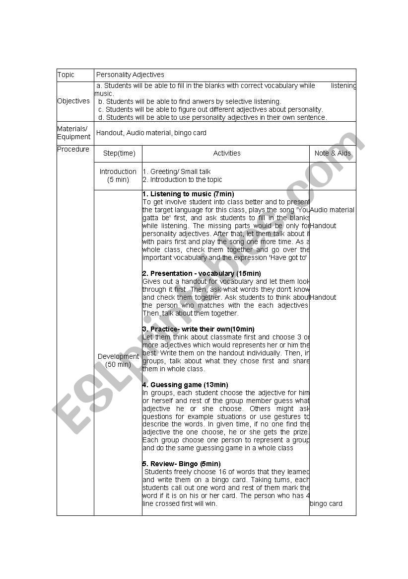 lessonplan for teaching adjective