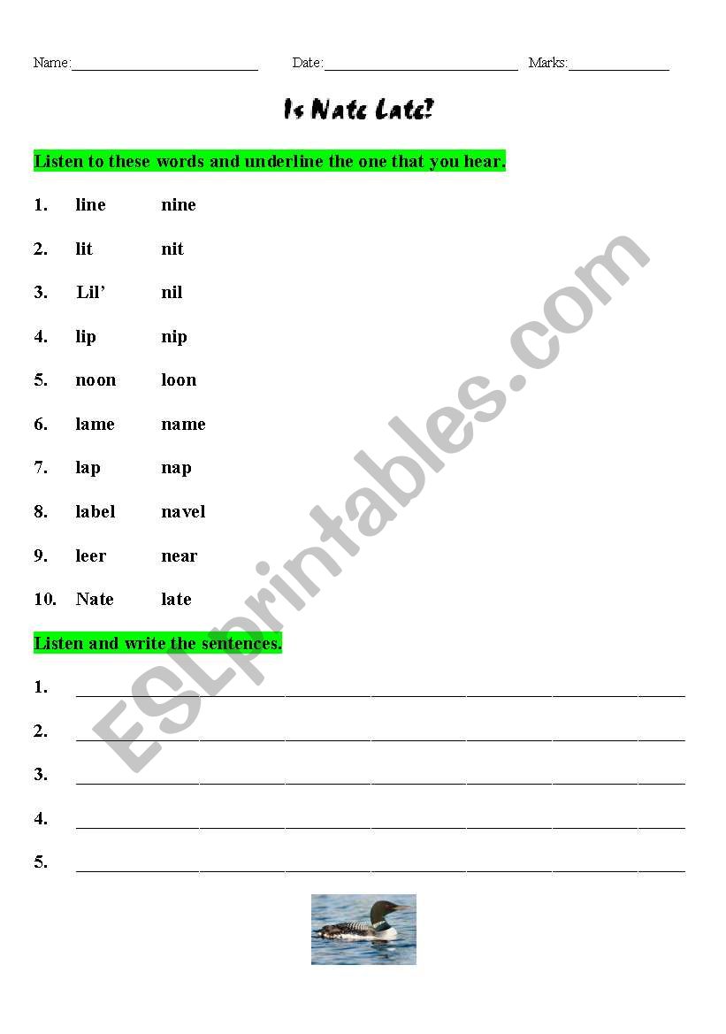 Minimal Pairs-N and L worksheet