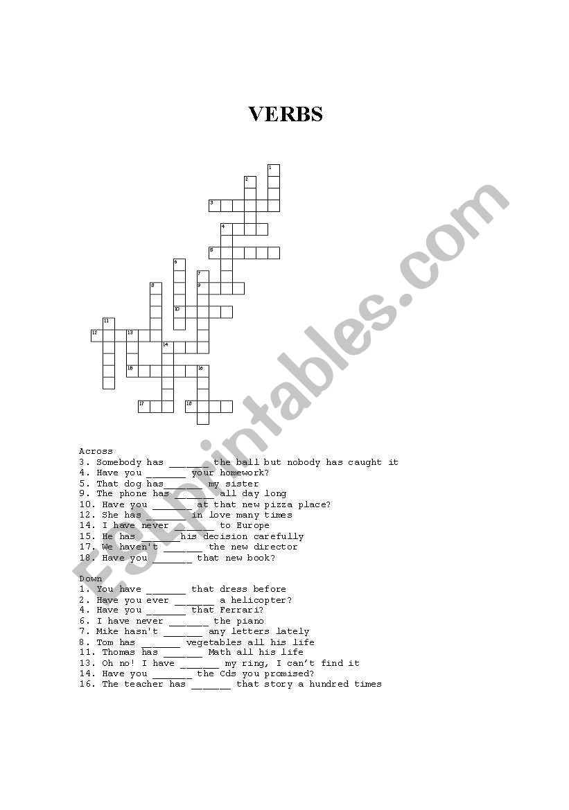 past participle crossword worksheet