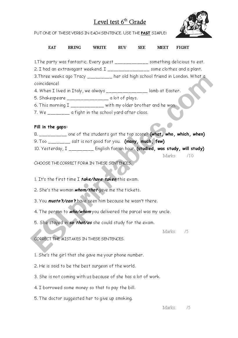 Grade 6 ESL level test worksheet