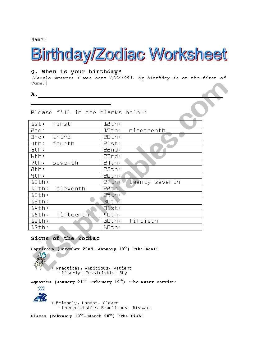 Birthday/Zodiac Worksheet worksheet