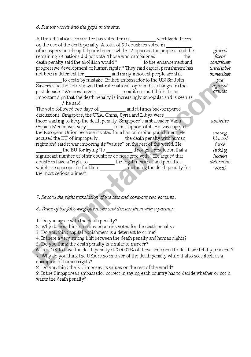 Death Penalty 2 worksheet