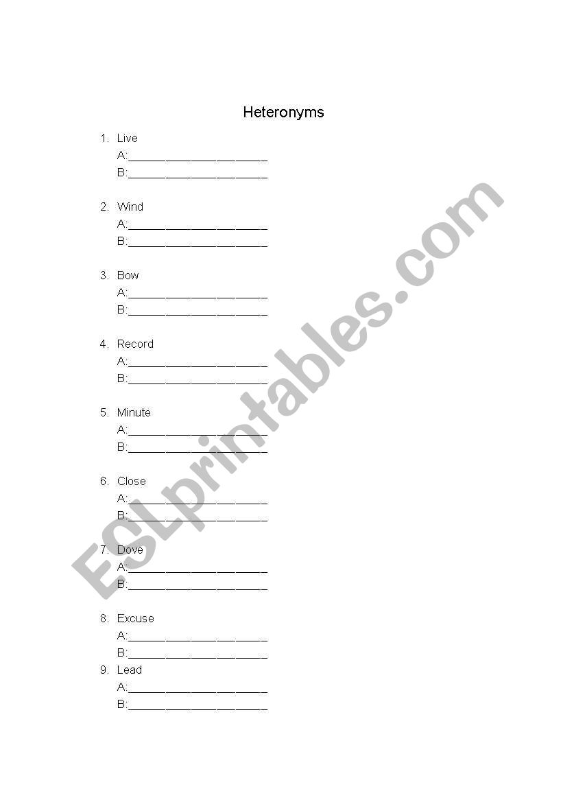 Heteronyms worksheet