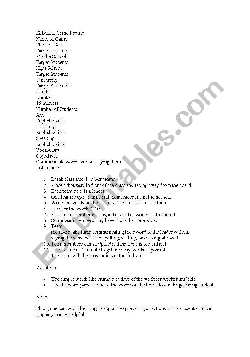 ESL GAme worksheet