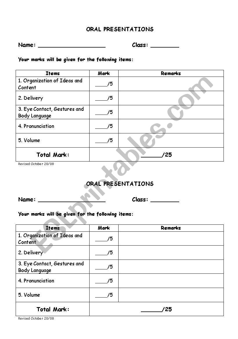 rubric for oral presentation worksheet