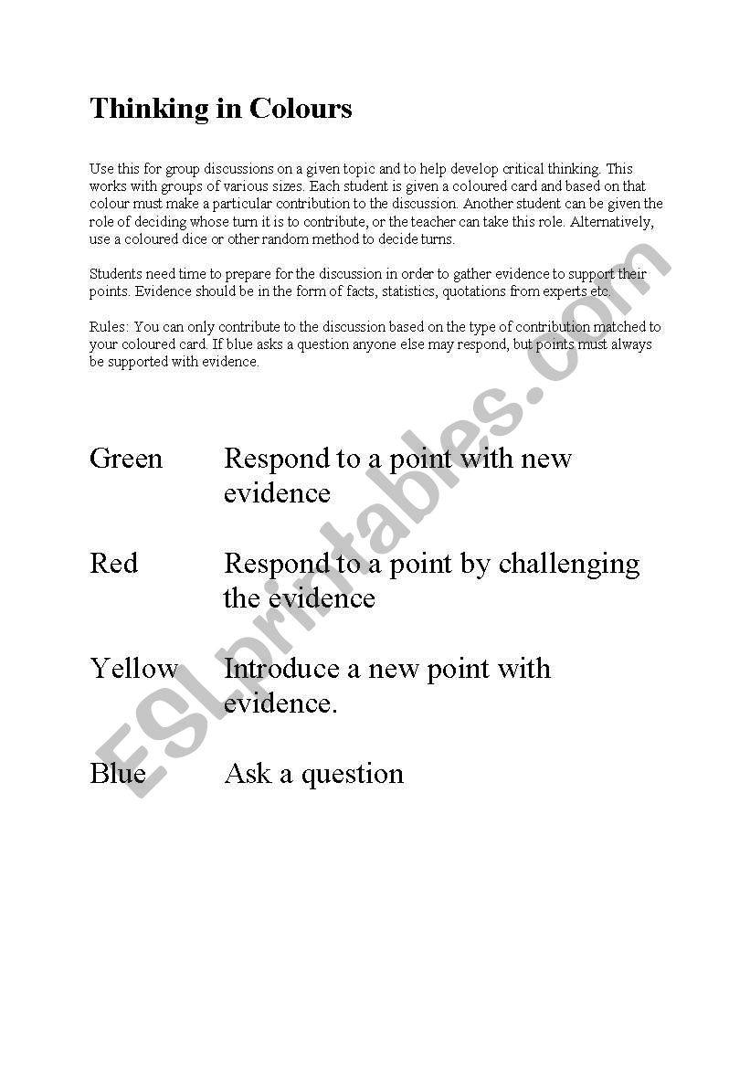 Thinking in colours worksheet