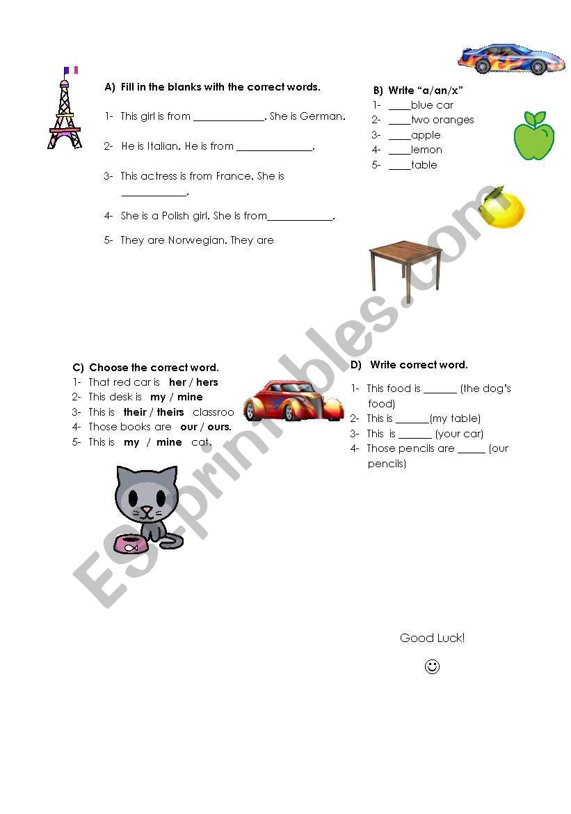 Quiz, exercise for nationality and countries, possesive pronouns