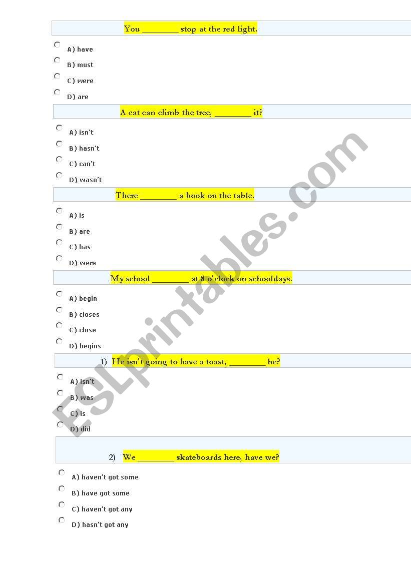 7th garde general test worksheet