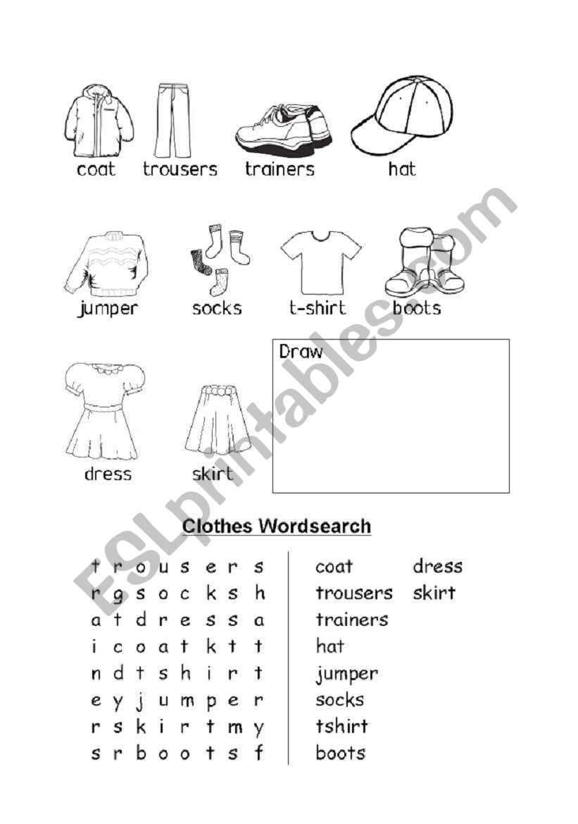 Clothing wordsearch worksheet