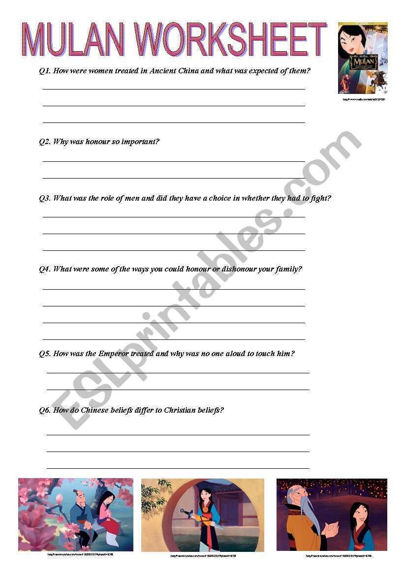 Mulan Movie Worksheet worksheet