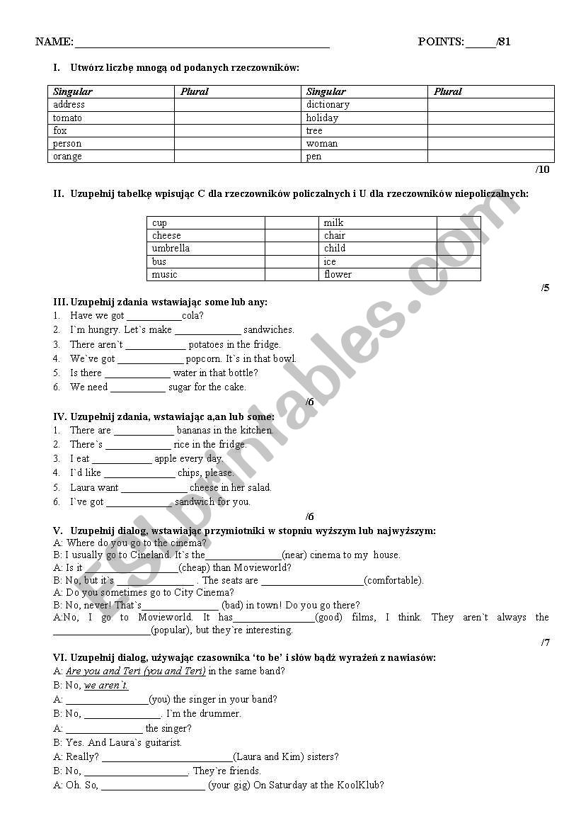 pre-intermediate grammar test worksheet