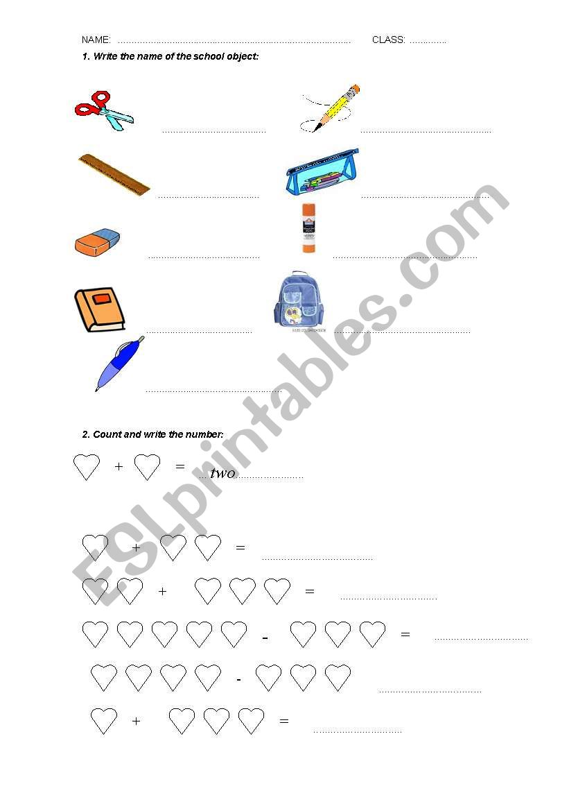 School objects and numbers 1-5
