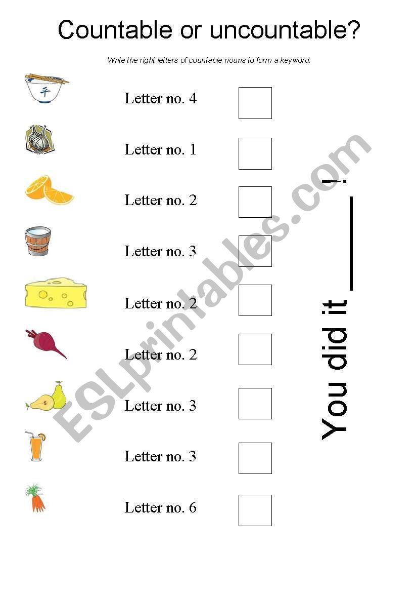 Countable or uncountable worksheet