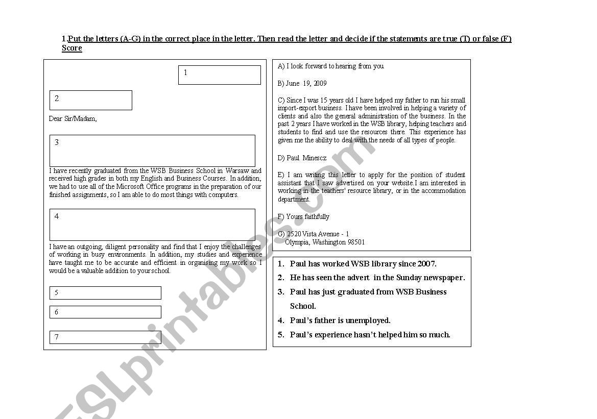 Letter of APPLICATION- Match the letters to the numbers