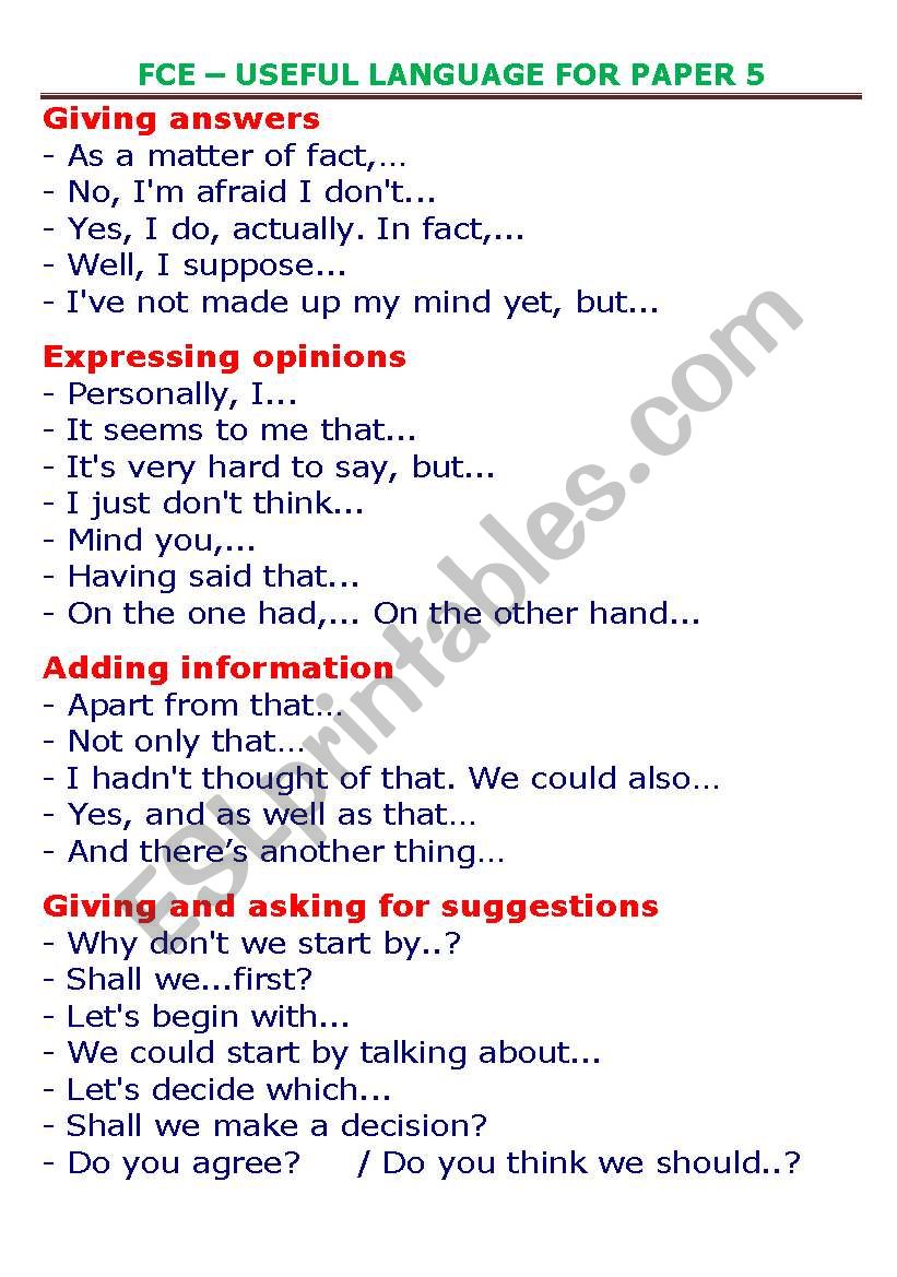 First Certificate - Phrases for paper 5 (speaking)
