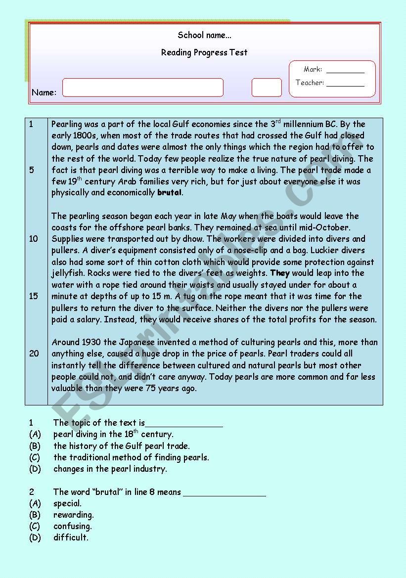 Pearling ( test 3 ) worksheet