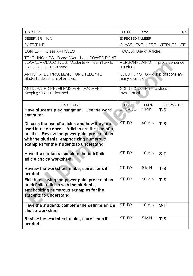 Article lesson plan worksheet