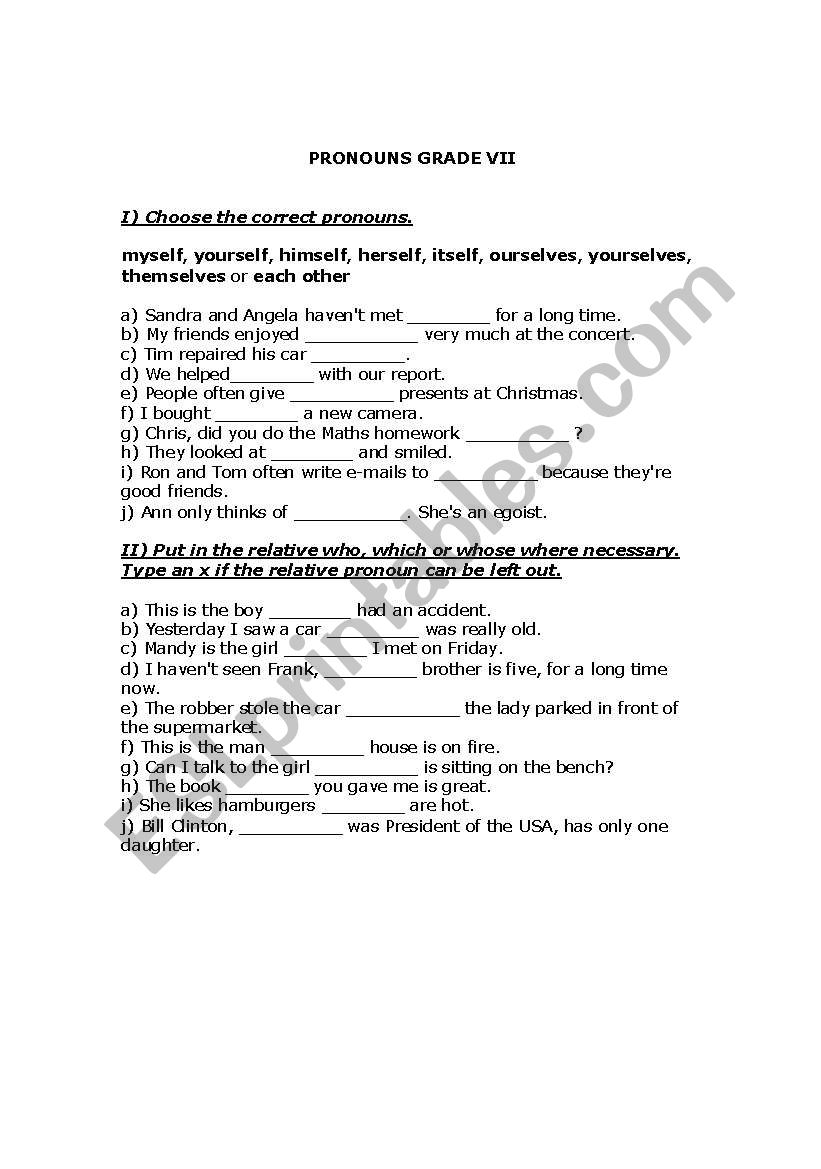 Pronouns Test worksheet