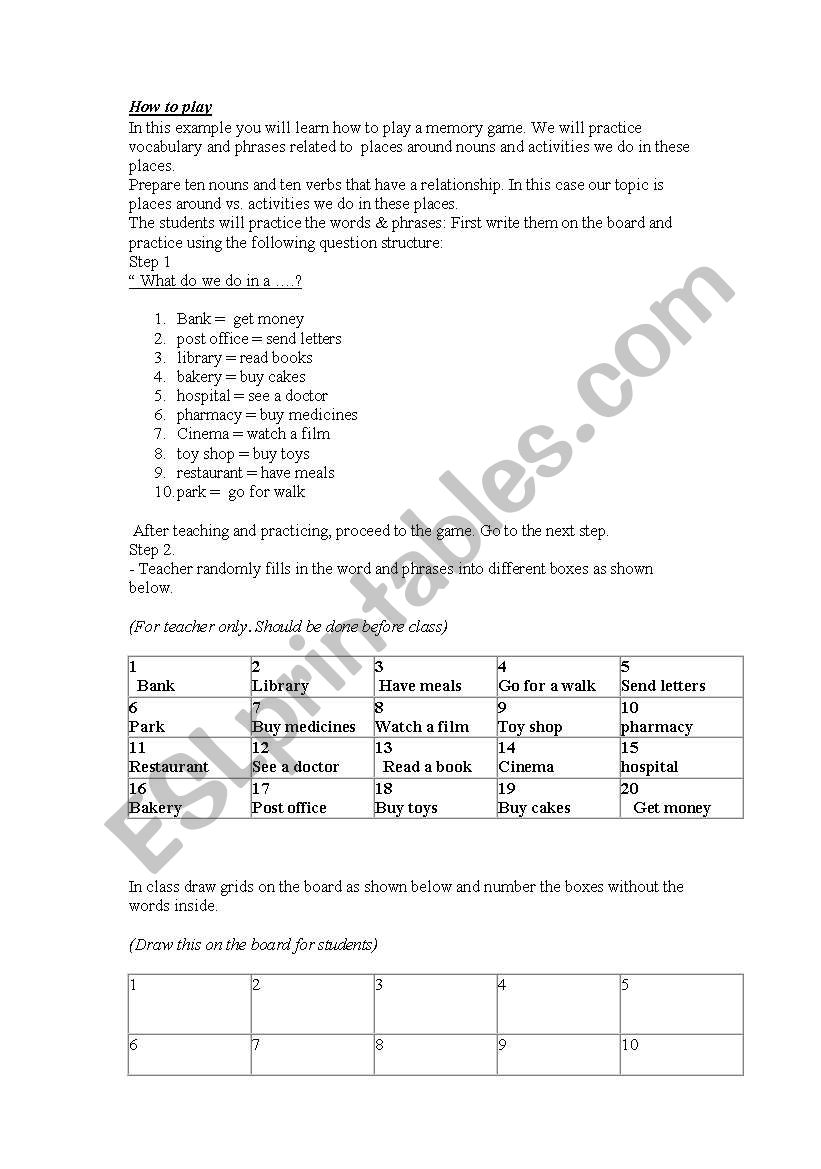 THE TOWN GAME worksheet