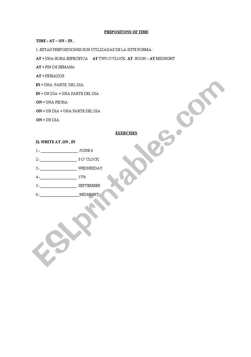 Prepositions Of Time worksheet