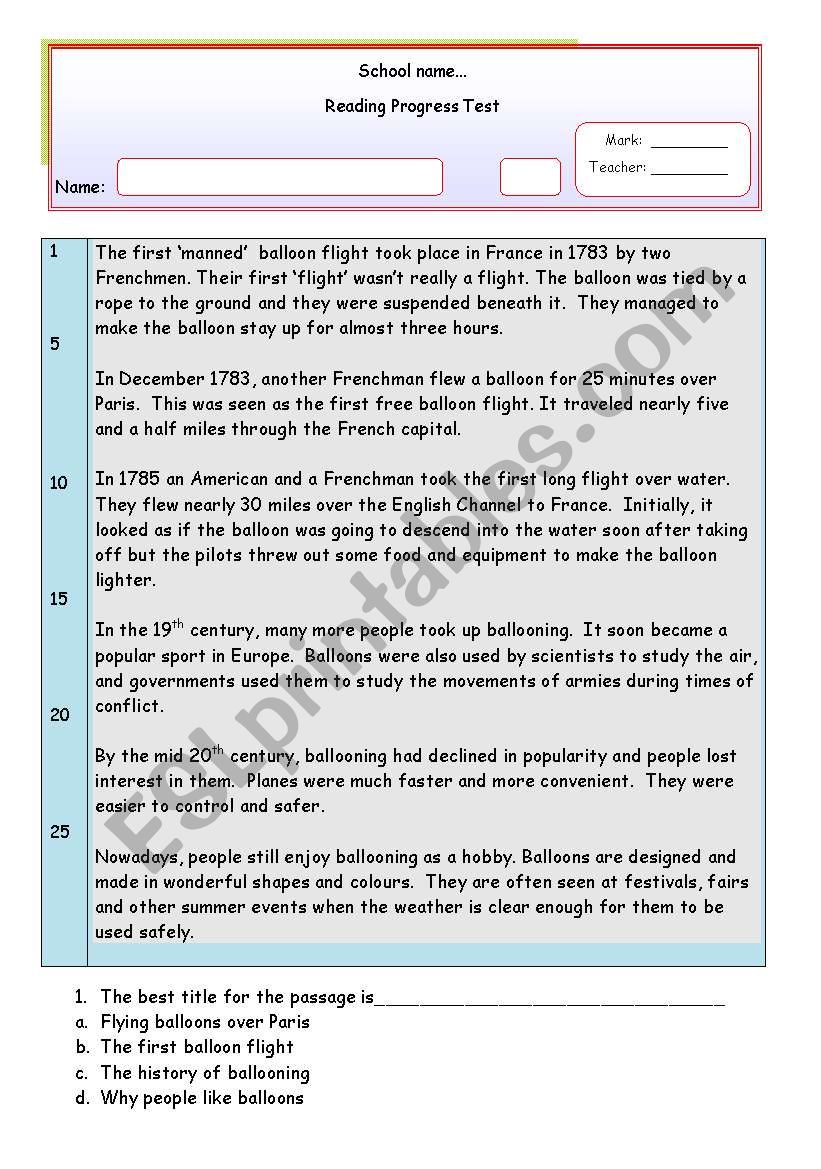 Balloning ( test two ) worksheet