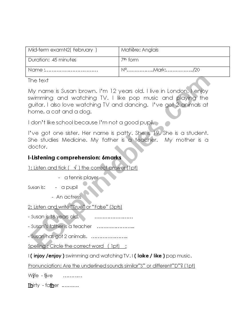 mid term exam N2( 7th form) worksheet