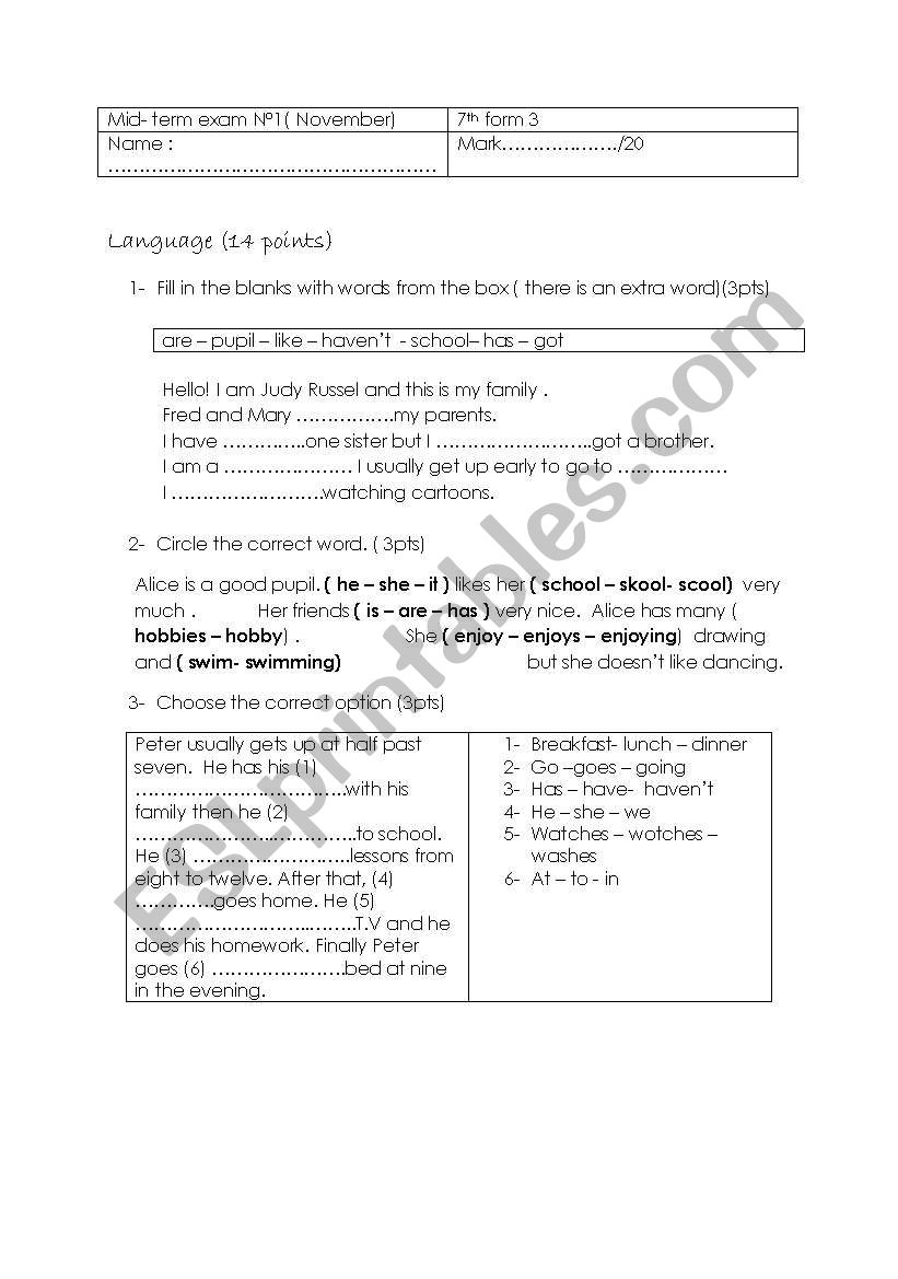 mid term exam N1( 7th form) worksheet