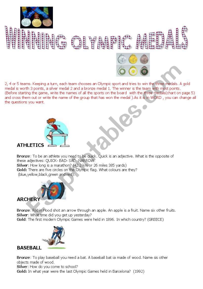 winning Olympic medals worksheet