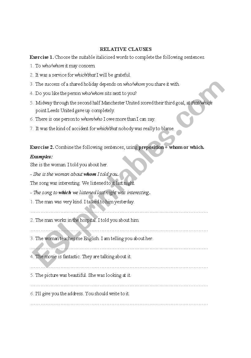 relative clause worksheet