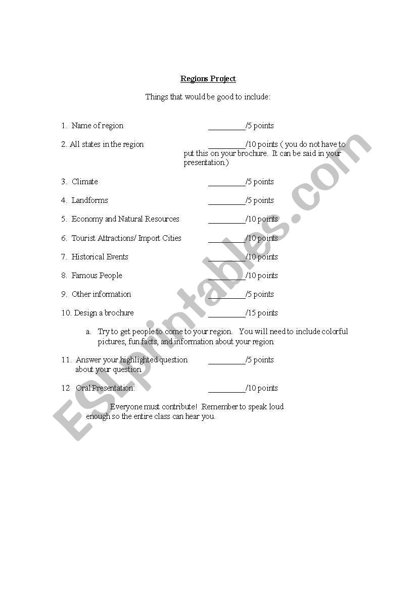 Regions project worksheet