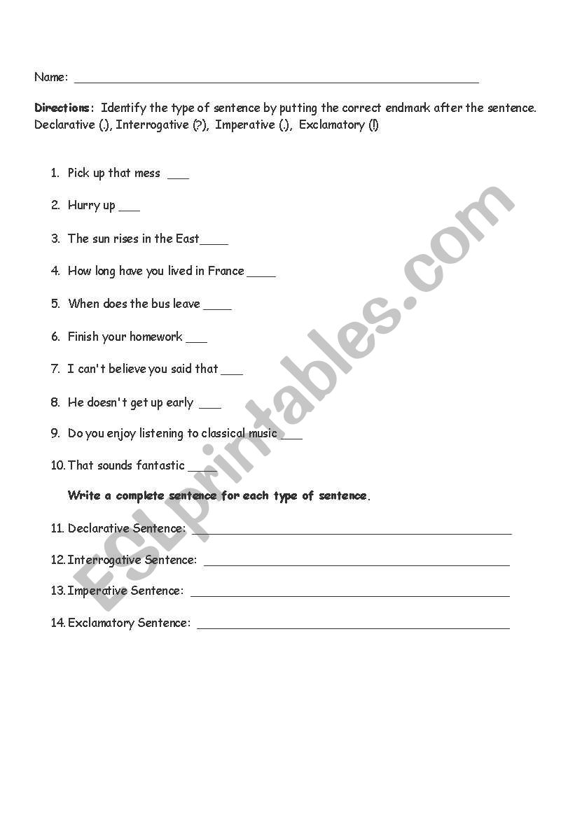 Types of Sentences worksheet