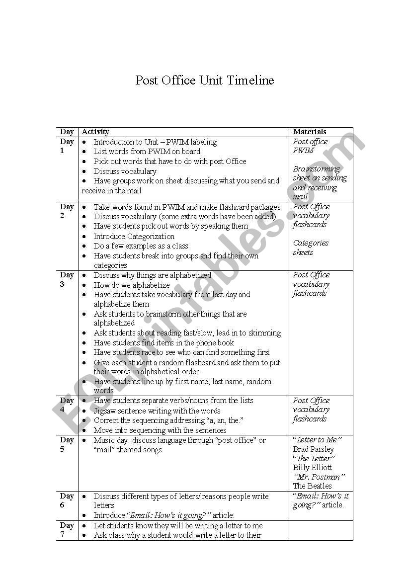 ESL Post Office Unit Timeline worksheet