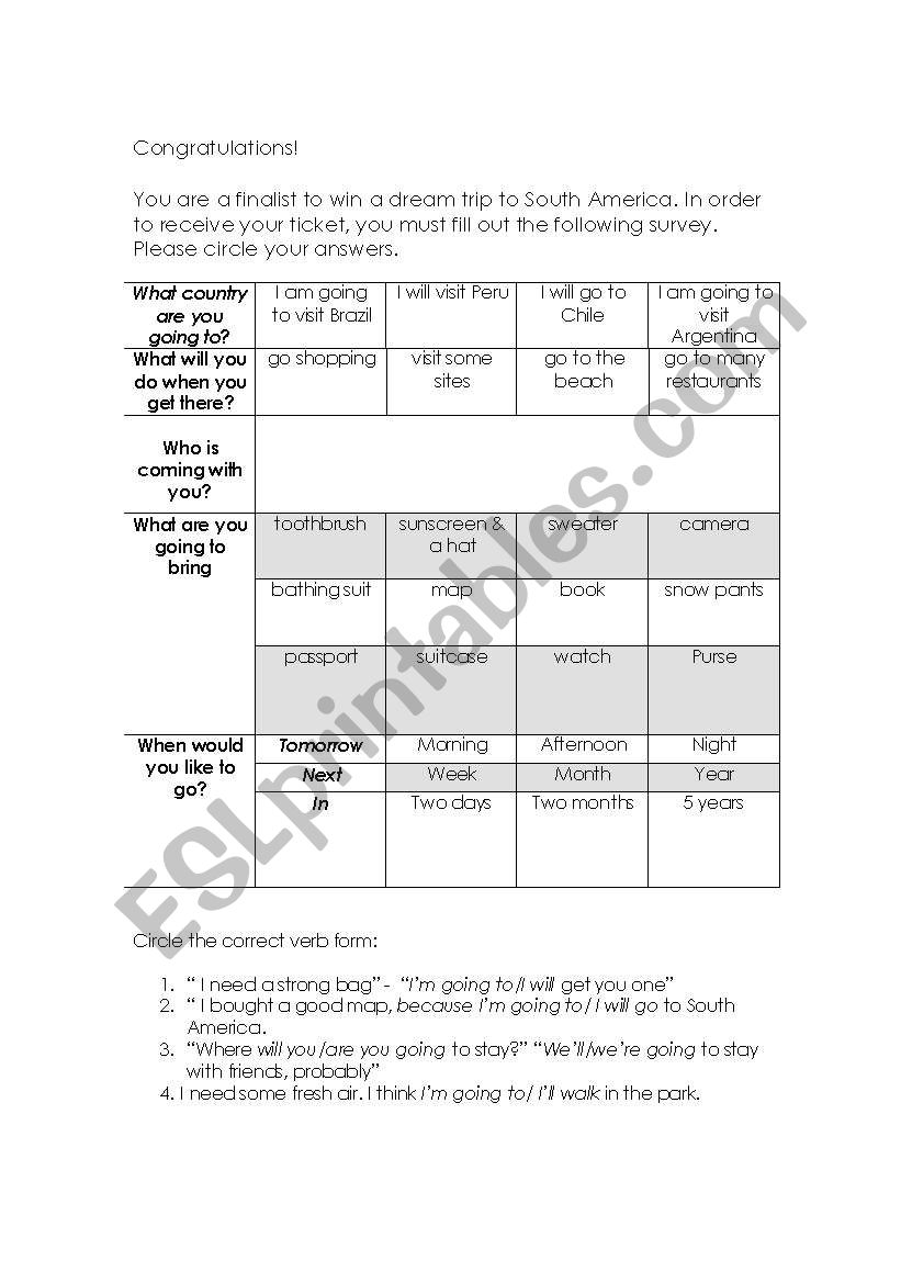 Travel survey worksheet