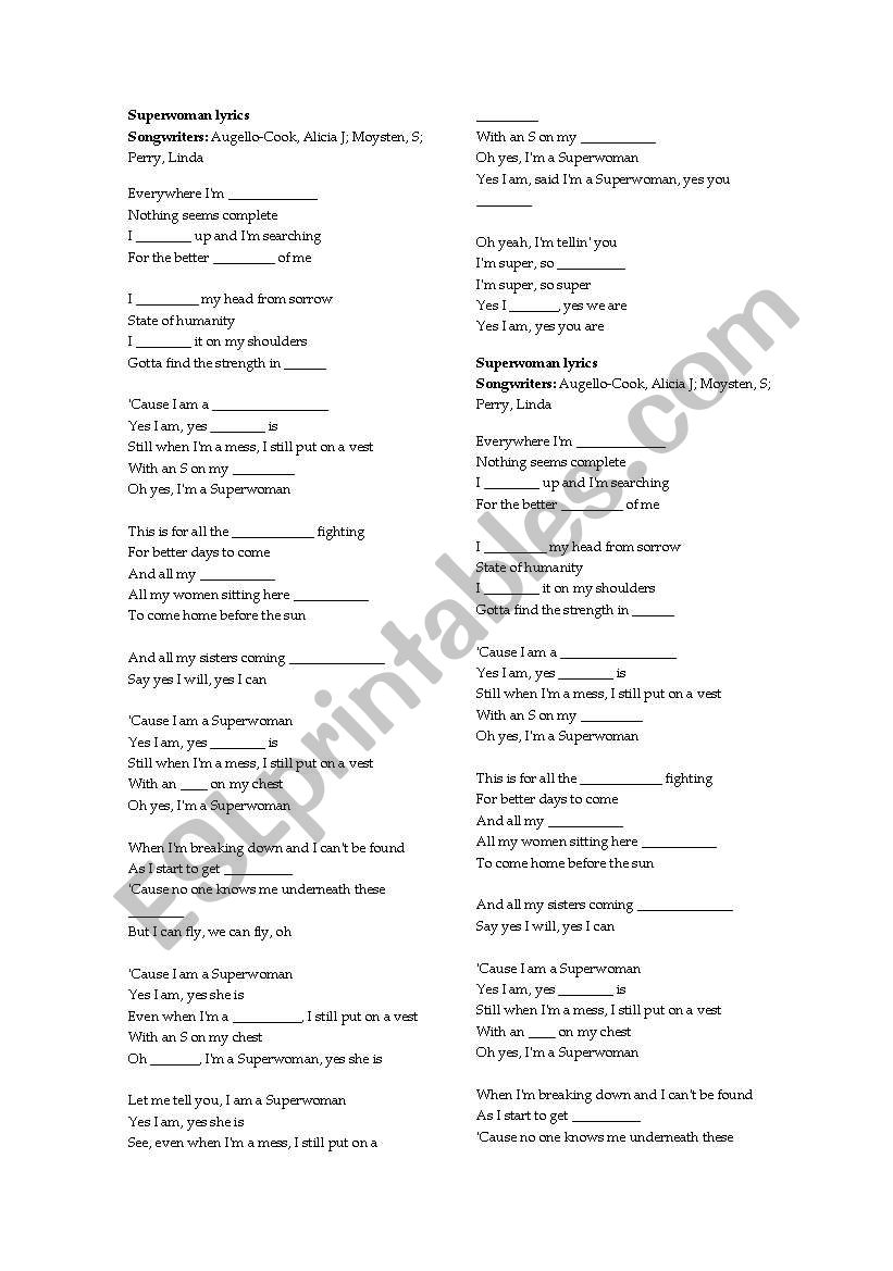 Superwoman yrics worksheet