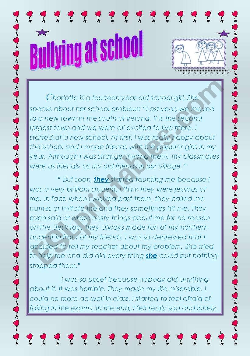 Bullying at school worksheet