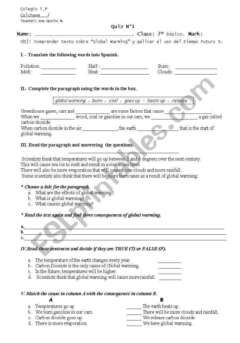 global warming worksheet